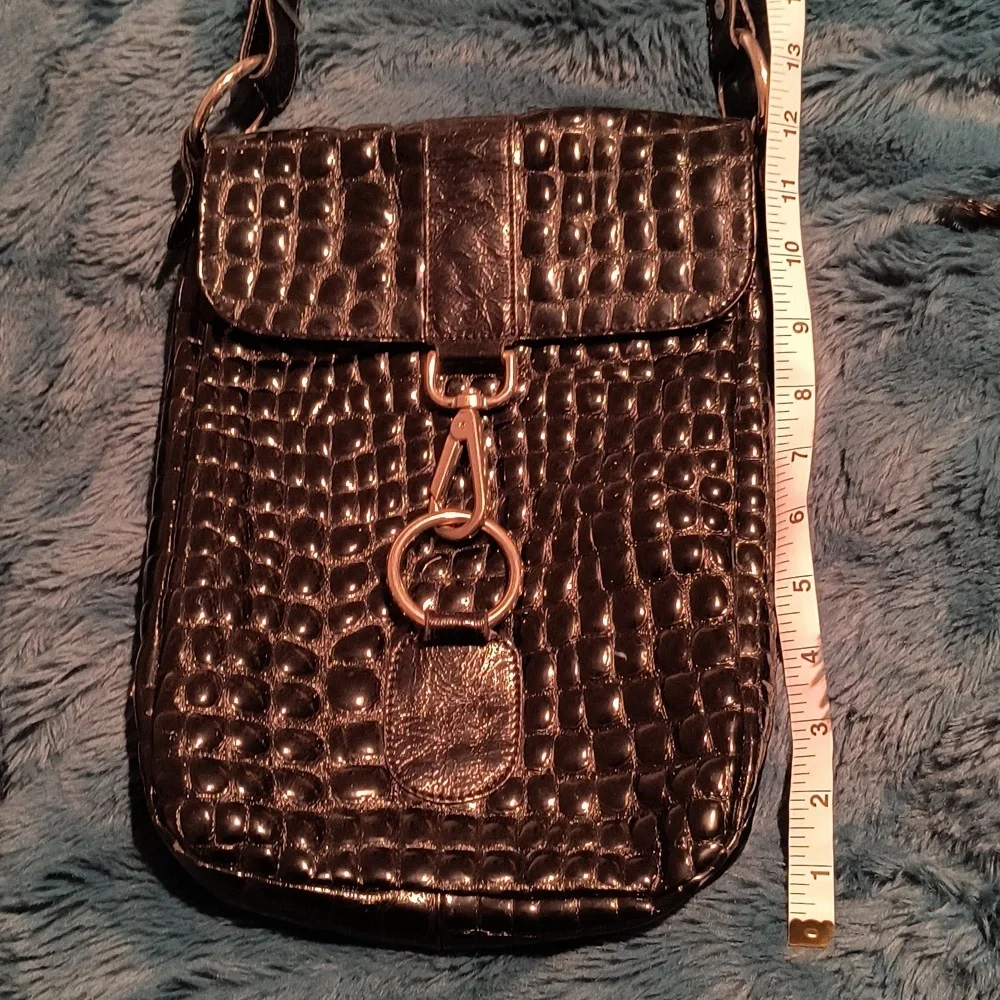 THE TREND Crossbody Bag Purse Croc Embossed black Leather ITALY. - Picture 10 of 11
